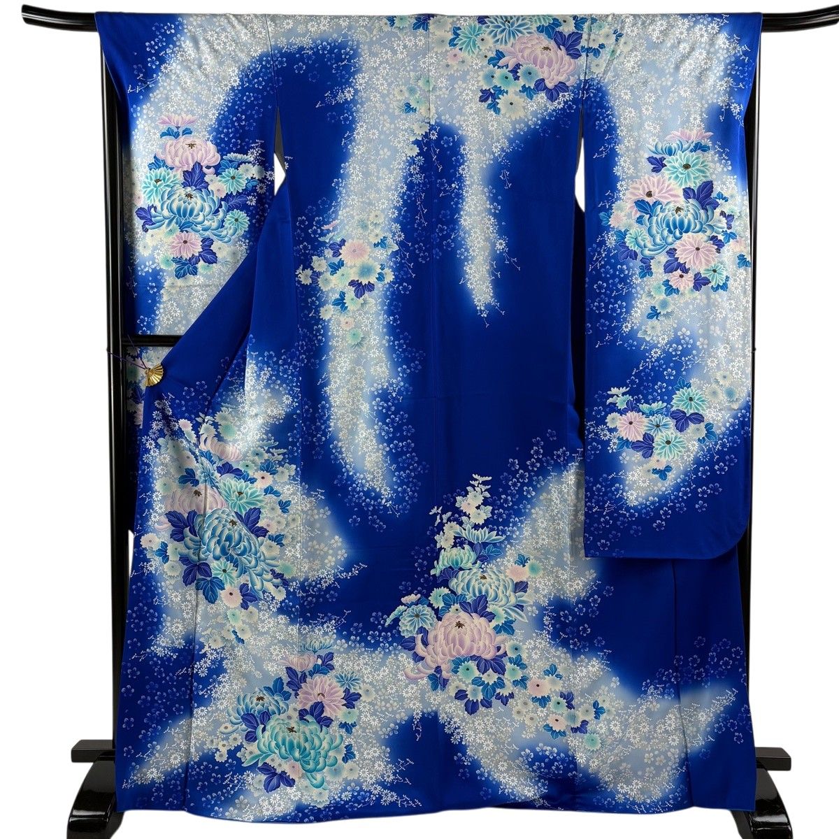 振袖 身丈171cm 裄丈67cm M 袷 牡丹 菊 銀糸 ぼかし 青 正絹 秀品 【中古】