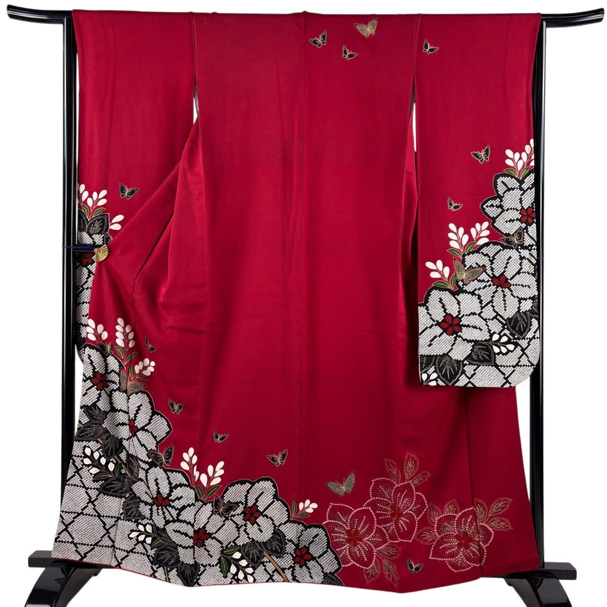 振袖 身丈160.5cm 裄丈65cm M 袷 蝶 草花 金彩 赤 正絹 秀品 【中古】
