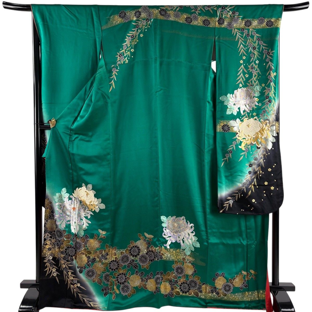 振袖 身丈169cm 裄丈68.5cm 正絹 逸品 【中古】 振袖 身丈169cm 裄丈67cm M 袷 菊 霞 金銀彩 ぼかし 緑 正絹 秀品