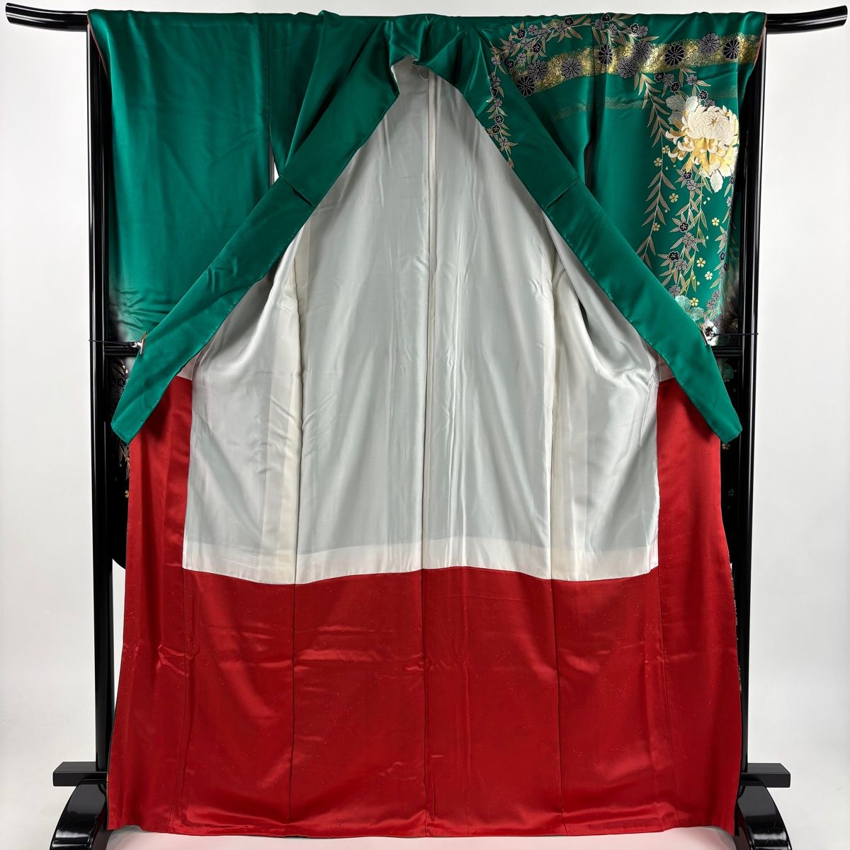 振袖 身丈169cm 裄丈67cm M 袷 菊 霞 金銀彩 ぼかし 緑 正絹 秀品