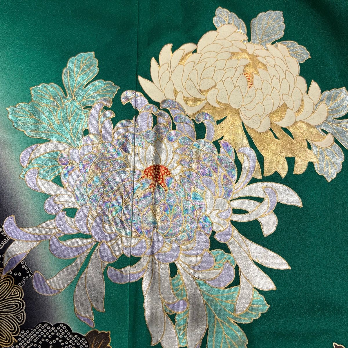 振袖 身丈169cm 裄丈67cm M 袷 菊 霞 金銀彩 ぼかし 緑 正絹 秀品