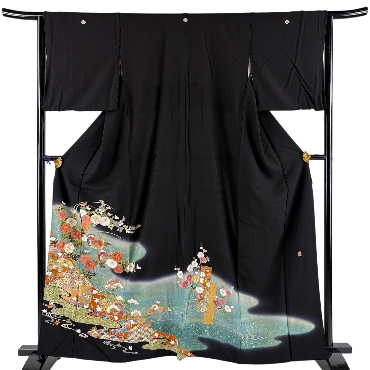 黒留袖 身丈161.5cm 裄丈64cm M 袷 落款 鴛鴦 菊 金糸 金彩 黒 正絹 秀