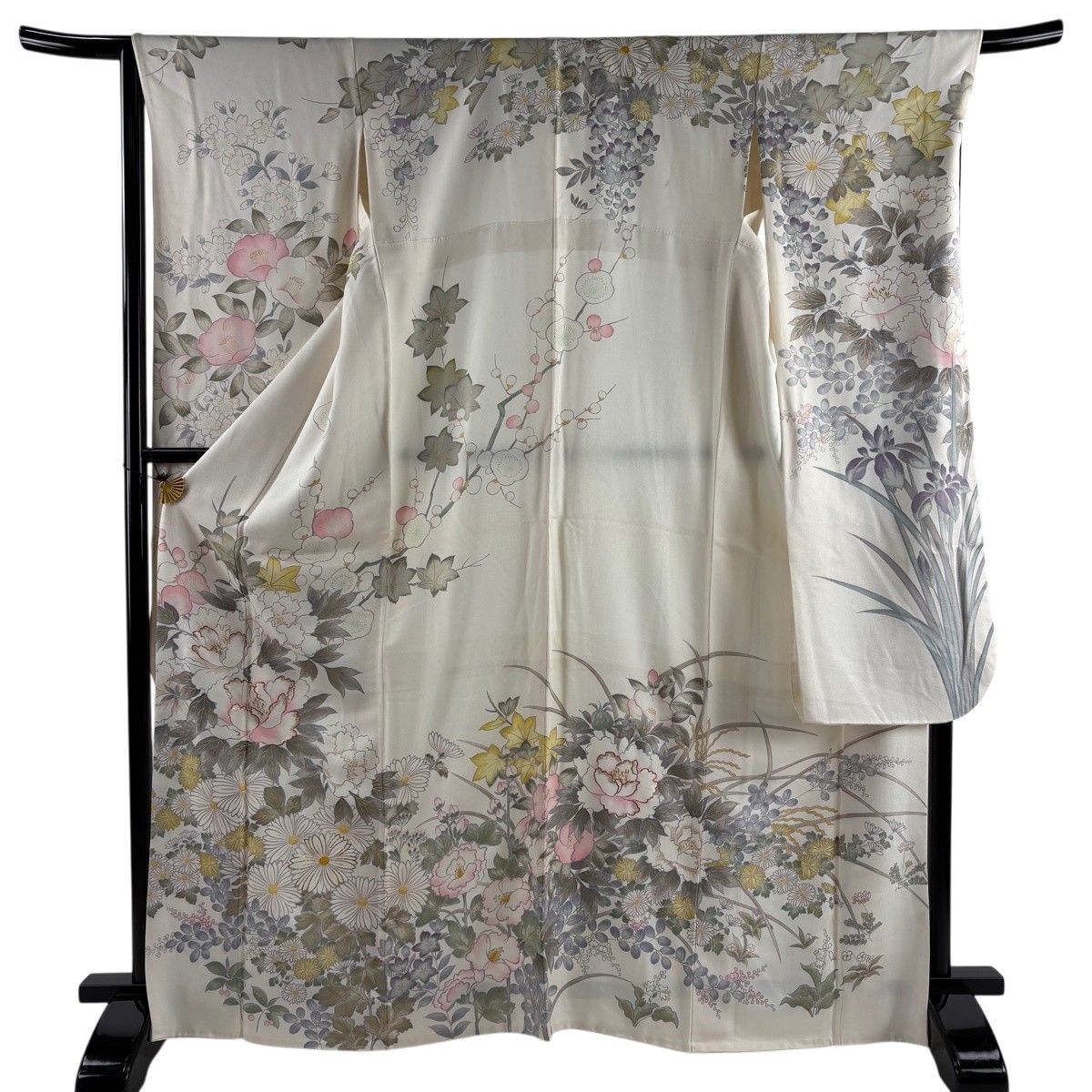 振袖 身丈166cm 裄丈67cm M 袷 鈴乃屋 牡丹 菊 刺繍 箔 クリーム 正絹 秀品 【中古】