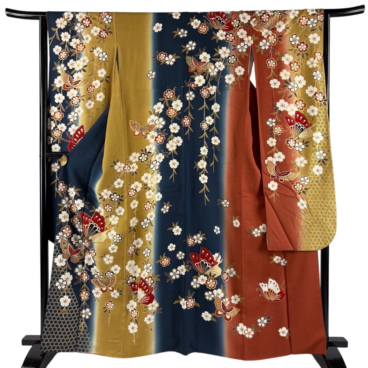 振袖 身丈160.5cm 裄丈64cm M 袷 蝶 桜 金糸 金彩 紺色 正絹 秀品 【中古】