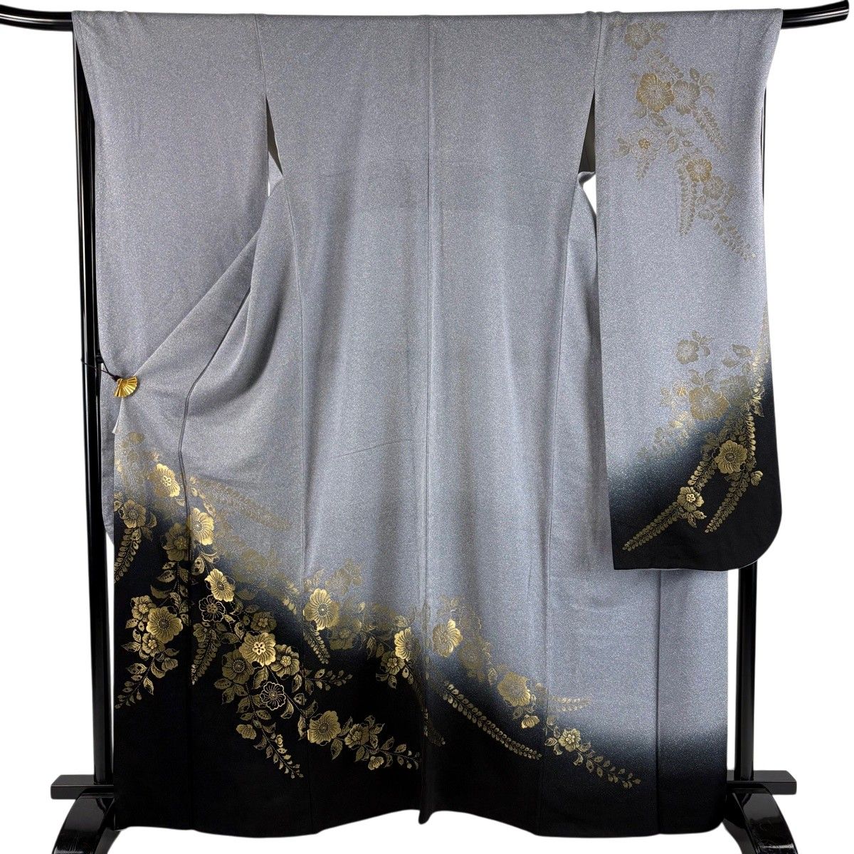 振袖 身丈166.5cm 裄丈68cm L 袷 辻が花柄 金糸 染め分け 青灰色 正絹 秀品 【中古】