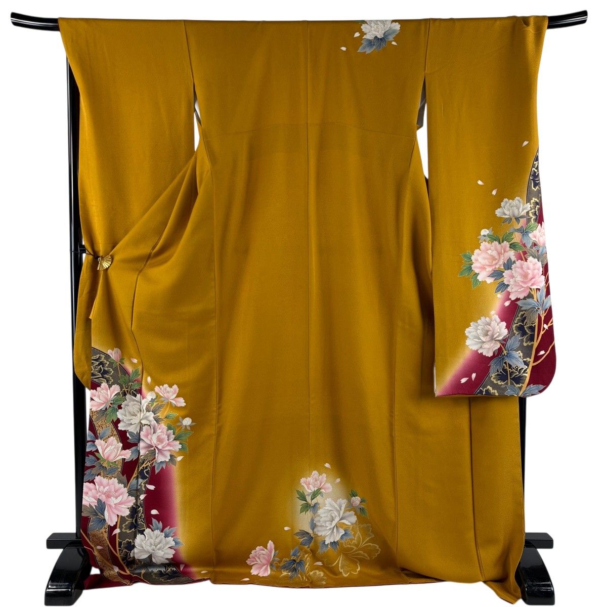振袖 身丈176cm 裄丈72cm L 袷 牡丹 花びら 金彩 ぼかし 山吹色 正絹 秀品 【中古】