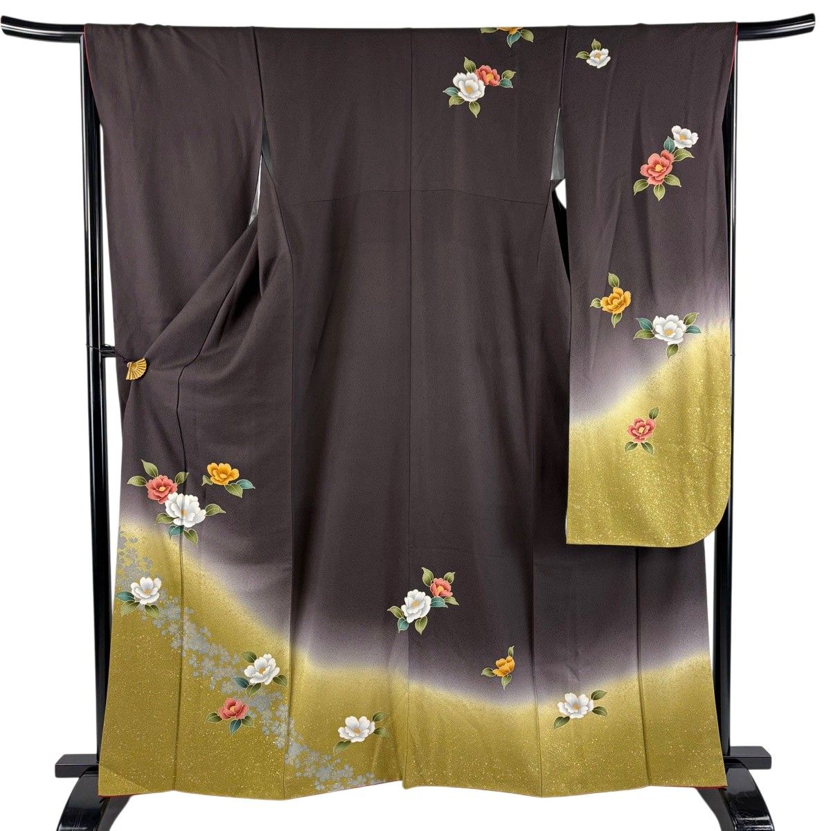 振袖 身丈162cm 裄丈66cm M 袷 椿 桜 金彩 染め分け 茶紫 正絹 秀品 【中古】