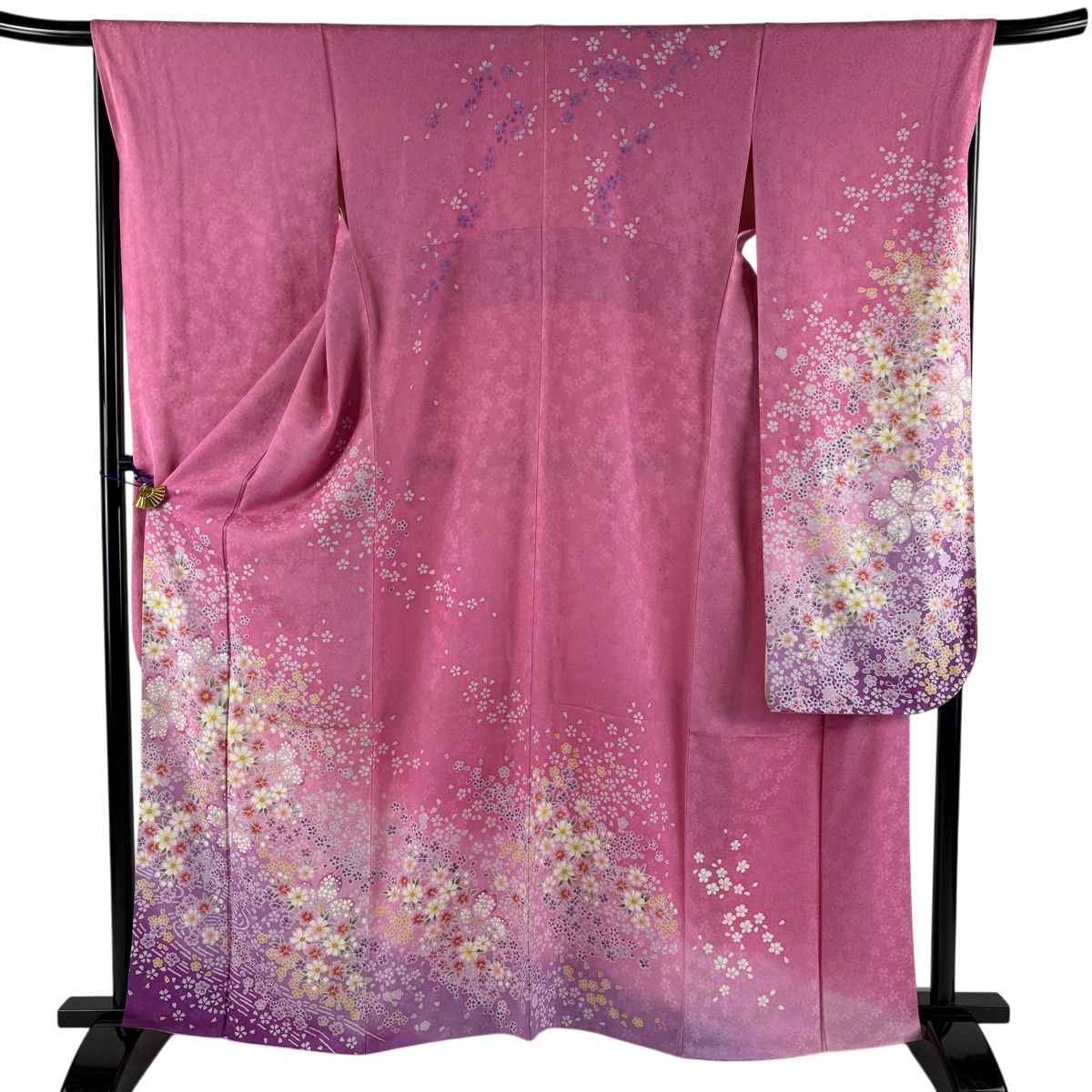 【美品】 振袖 身丈161cm 裄丈68cm L 袷 桜 草花 金彩 ぼかし ピンク 正絹 秀品 【中古】