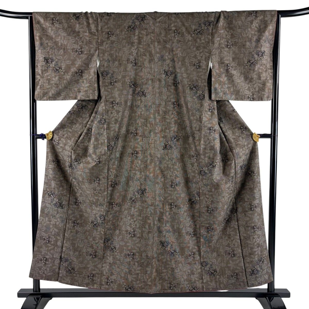 紬 身丈155cm 裄丈66cm M 袷 草花 焦茶色 正絹 秀品 【中古】