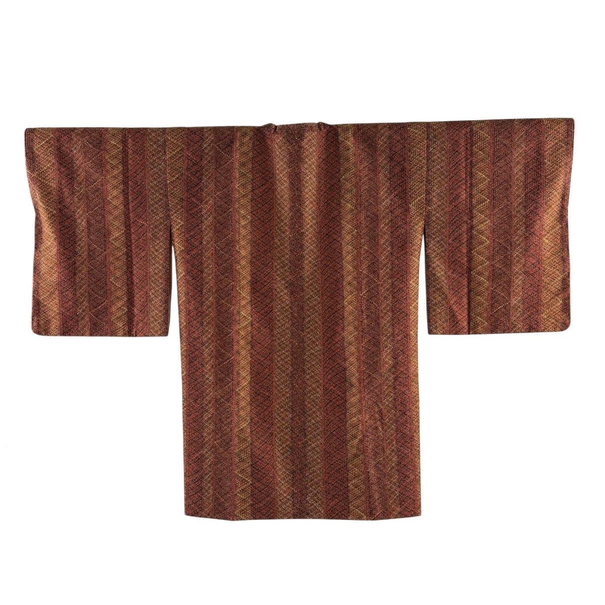 【美品】 道行 身丈92.5cm 裄丈66.5cm M 和装コート 角衿 縞 幾何学模様 赤茶 正絹 秀品 【中古】