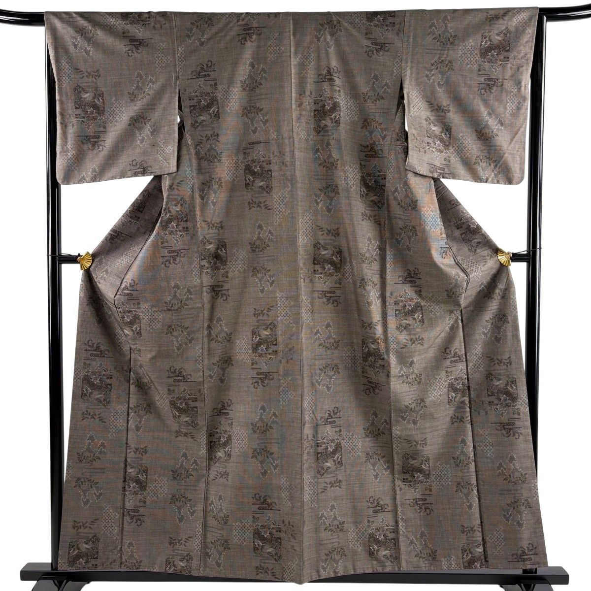 【美品】 紬 身丈158cm 裄丈66cm M 袷 草花 流水 焦茶色 正絹 秀品 【中古】