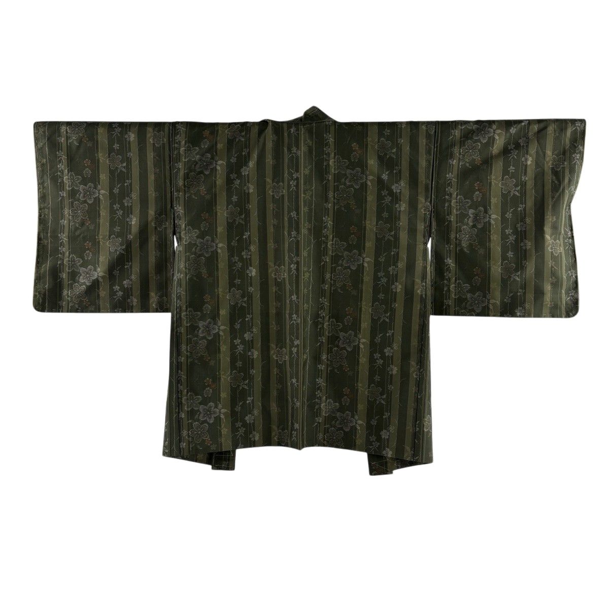 【美品】 羽織 身丈80cm 裄丈65.5cm M 紬地 桜 縦縞 灰緑 正絹 秀品 【中古】