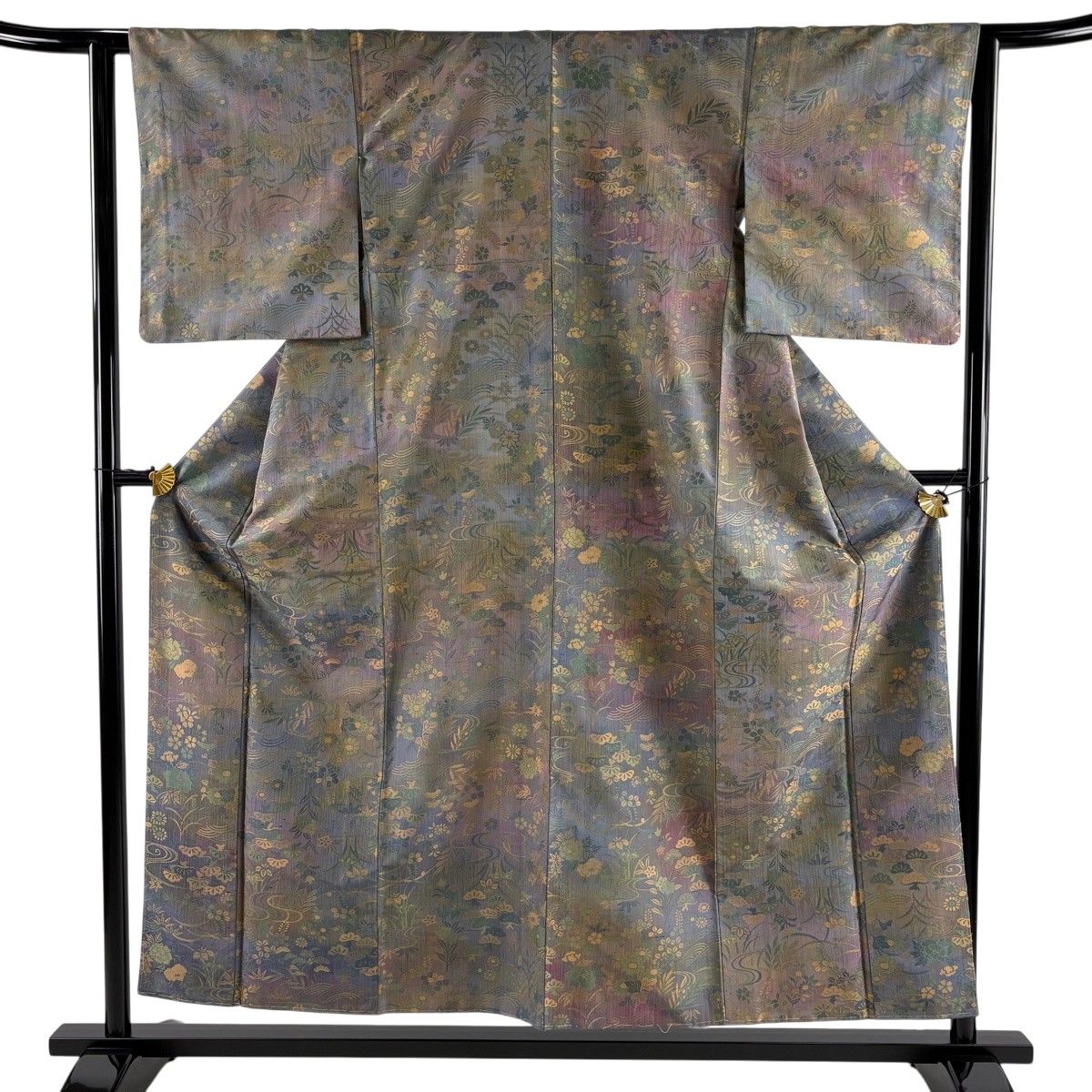 【美品】 紬 身丈155cm 裄丈62cm S 袷 秋草 波 灰紫 正絹 秀品 【中古】