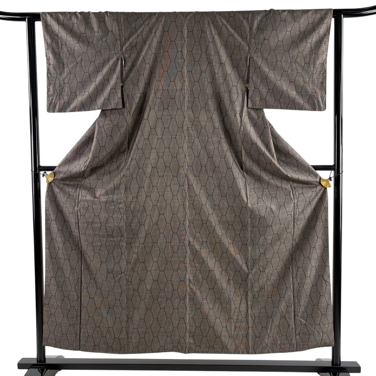 【美品】 紬 身丈154cm 裄丈62cm S 袷 変わり亀甲 灰茶 正絹 秀品 【中古】