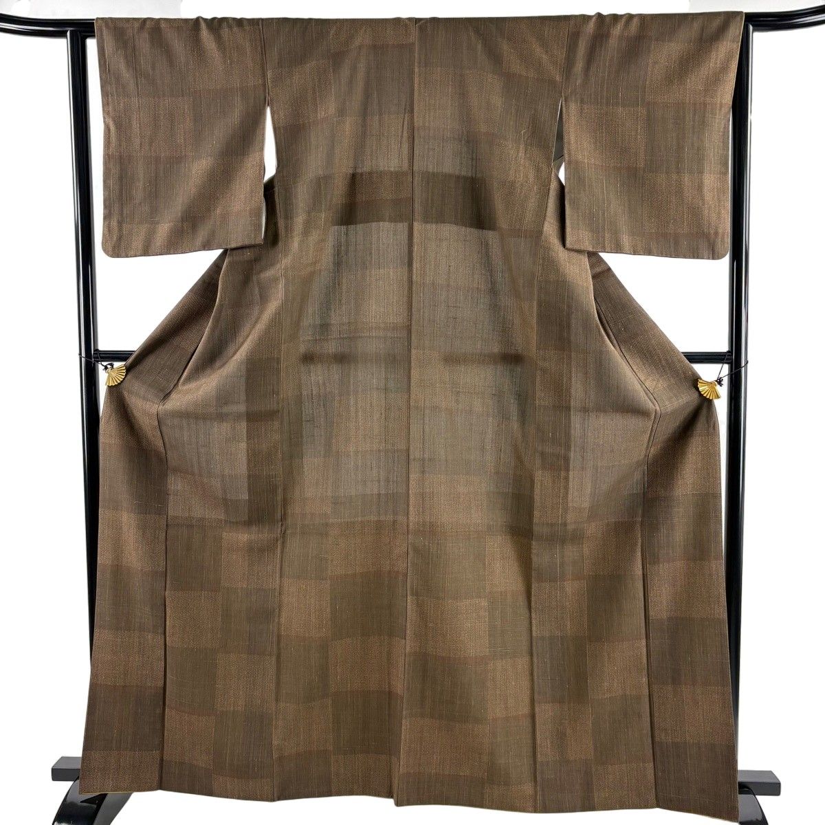 【美品】 紬 身丈163.5cm 裄丈63.5cm S 袷 変わり市松 縦縞 焦茶色 正絹 秀品 【中古】