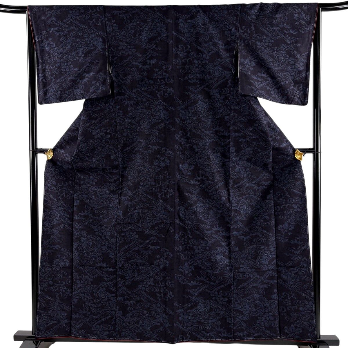 【美品】 結城紬 身丈160cm 裄丈65.5cm M 袷 証紙 草花 笹 濃紺 正絹 秀品 【中古】