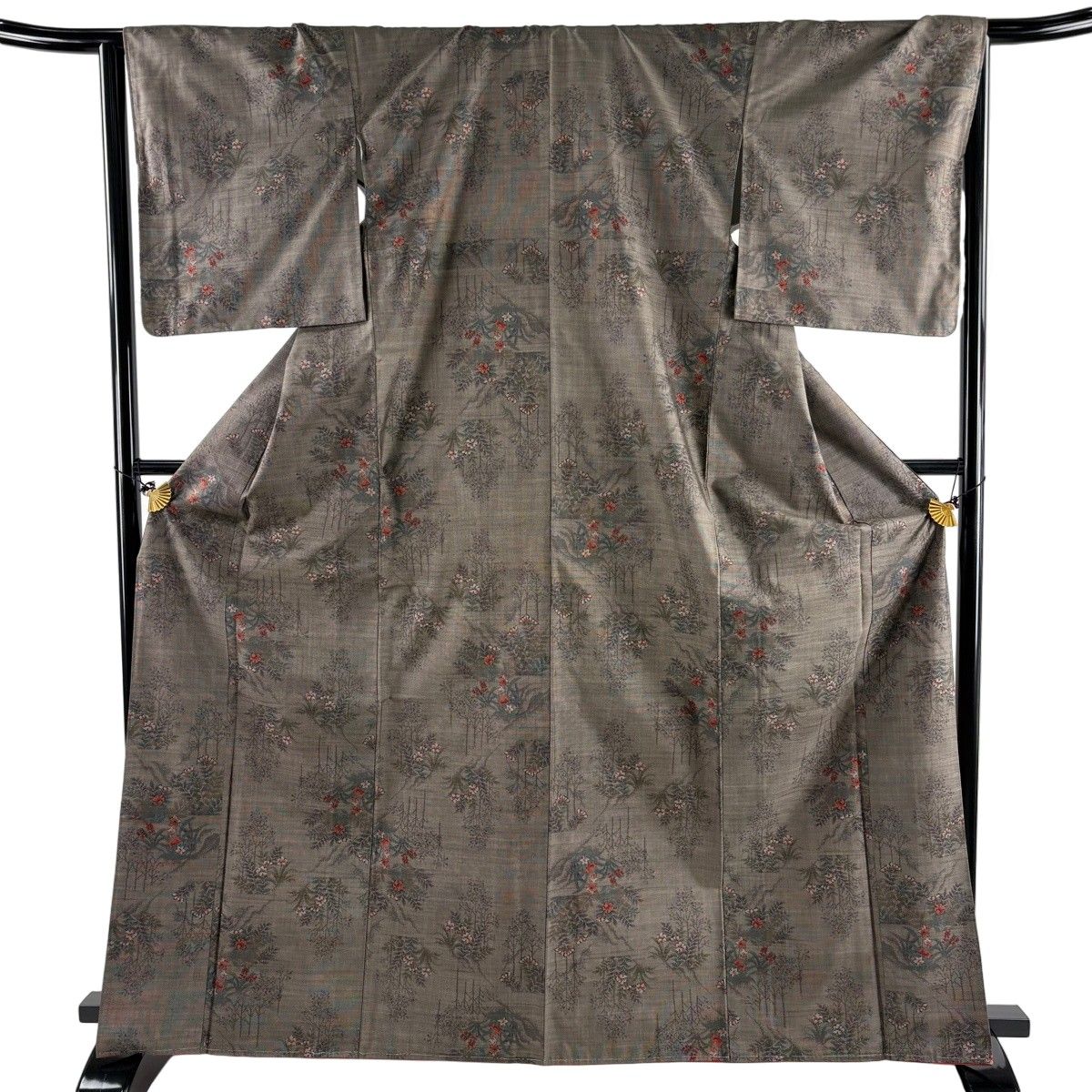 【美品】 紬 身丈167.5cm 裄丈65cm M 袷 草花 焦茶色 正絹 秀品 【中古】
