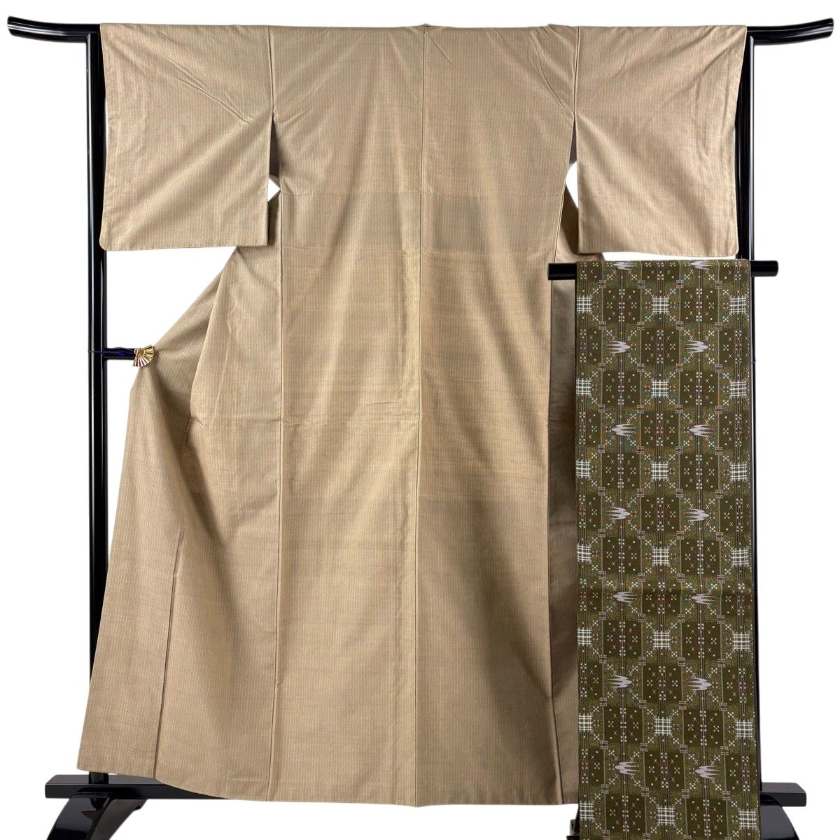 【美品】 紬 身丈159cm 裄丈64cm M 袷 袋帯セット 縦縞 ベージュ 正絹 秀品 【中古】