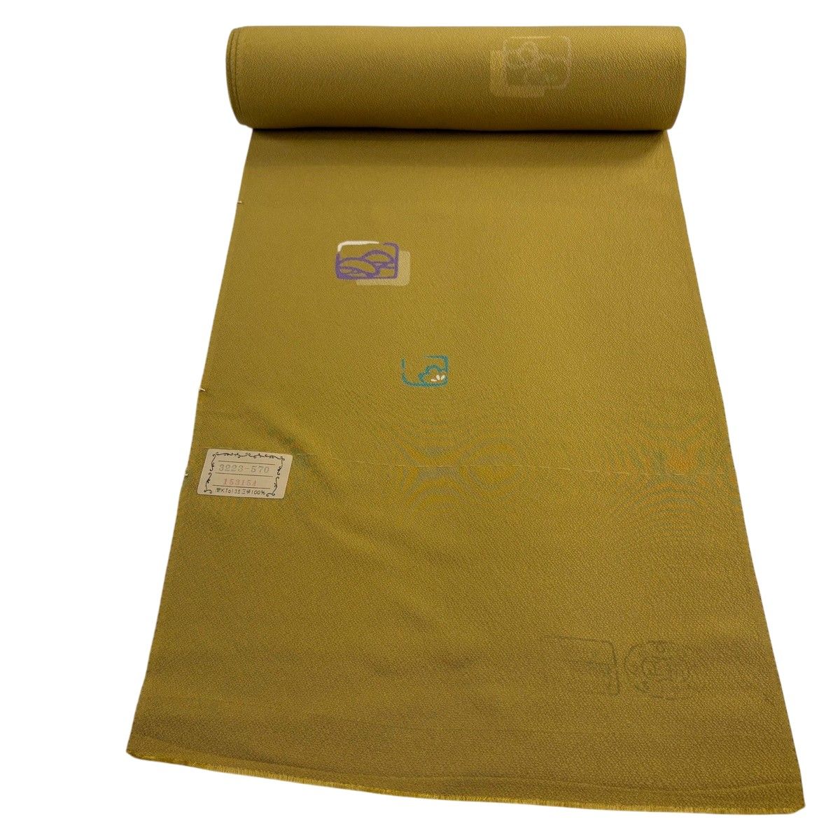 反物 秀品 小紋 松 梅 縮緬 からし色 正絹 【中古】