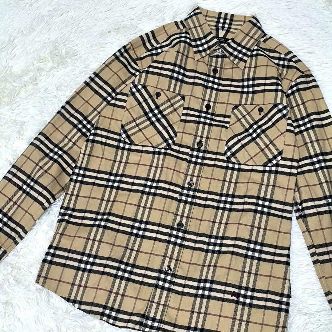 バーバリーブラックレーベル　シャツ　ノバチェック　刺繍ロゴ　ベージュ