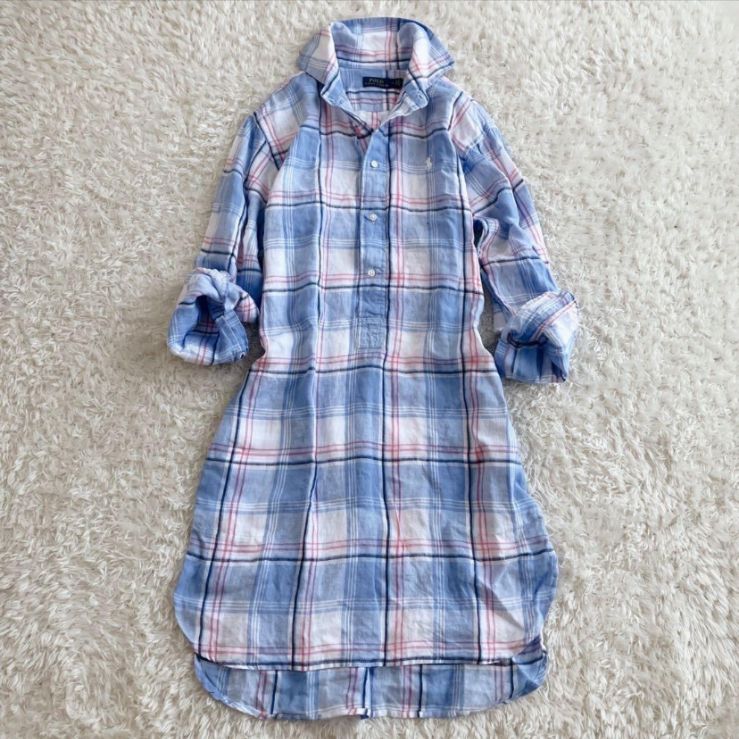 極美品！POLO RALPH LAUREN　ポロラルフローレン　 チェック　リネンシャツワンピース ポニー刺繍　ロング丈　リネン100% サイズ4 現行
