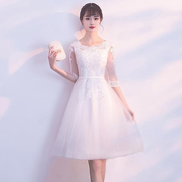 人気商品 ホワイトドレス Aライン パーティードレス 袖あり 結婚式 7分袖 二次会ドレス ミモレ丈 白 イブニングドレス 20代 30代 お呼ばれ