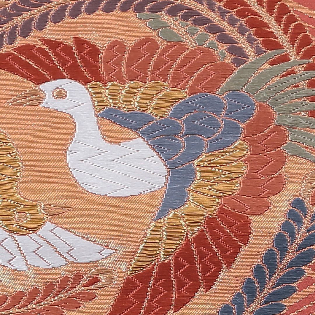 特価！振袖用 袋帯 帯丈424cm 正絹 六通 唐織 向かい鳥 四季草花 菱 