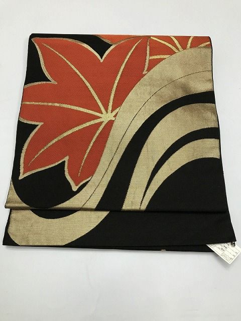 【中古】袋帯 正絹 黒地に楓文様