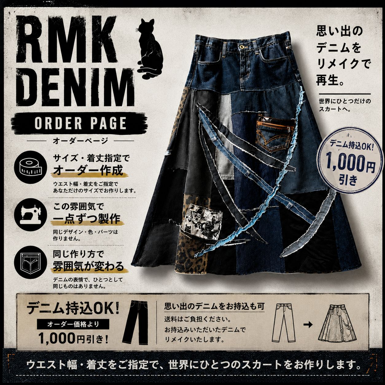 RMK DENIM ORDER |デニムリメイクスカート| オーダーページ| 古着リメイク |ダメージ加工　デニムフリル｜パッチワーク モード系 ロングスカート 持込OK