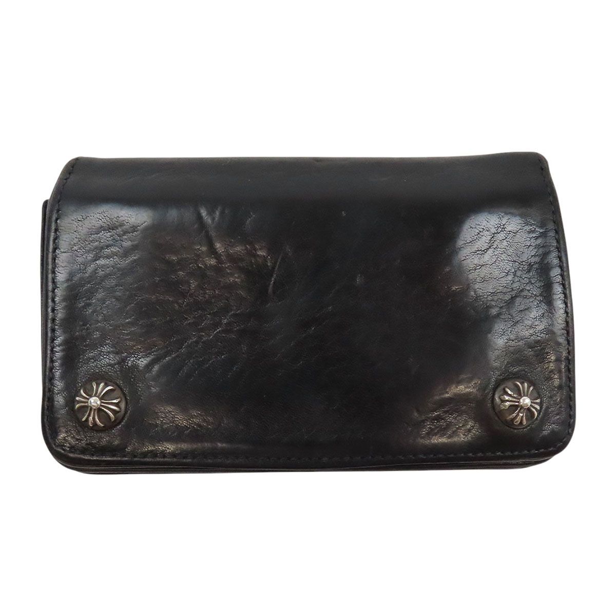 クロムハーツ 1ジップ クロスボタン レザーウォレット レザー ユニセックス ブラック CHROME HEARTS【中古】 【アパレル・小物】