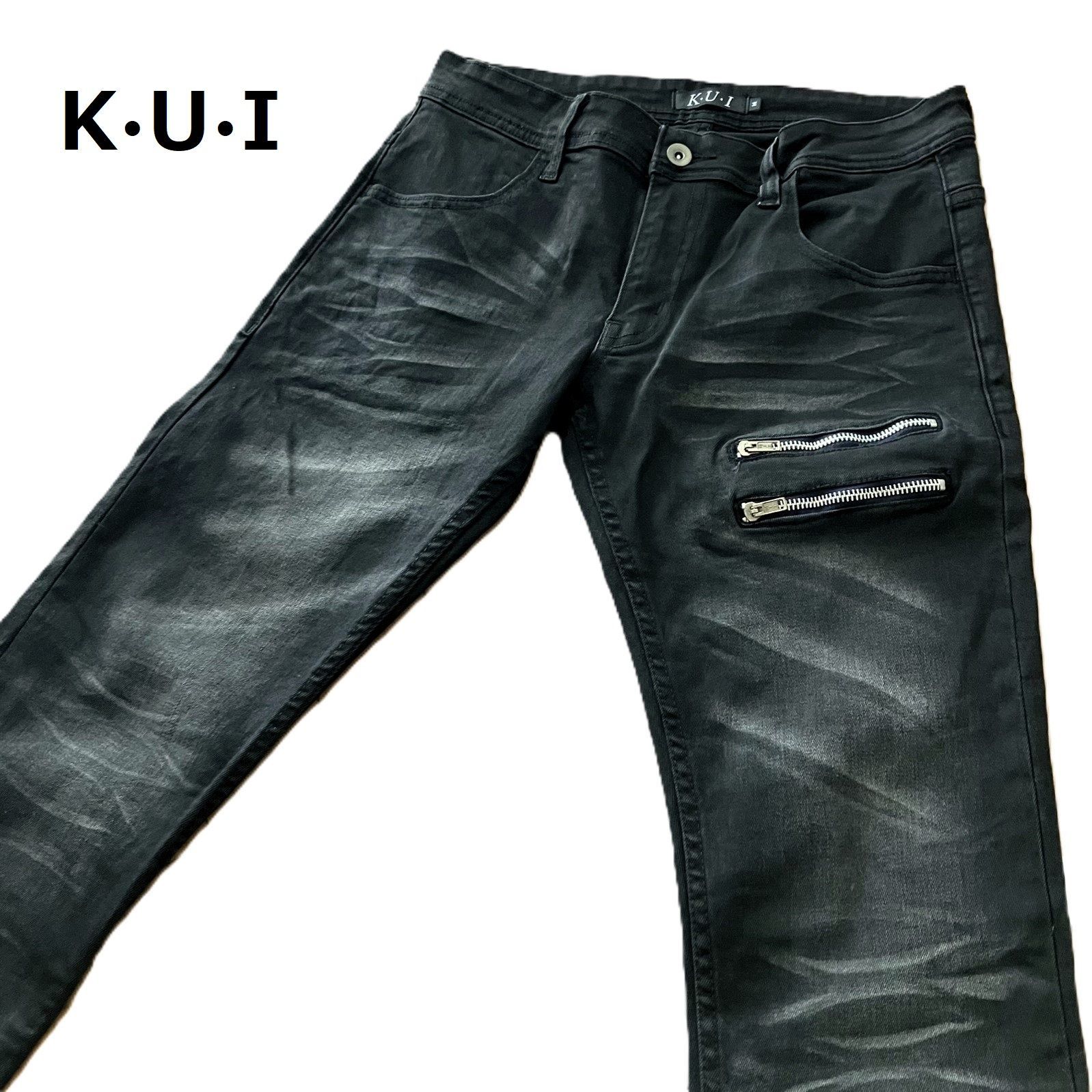 【K･U･I/ケーユーアイ】kui デニム シェービング ヒゲ ハチノス ストレート ブラック 黒 ジーンズ デザインデニム（中古）