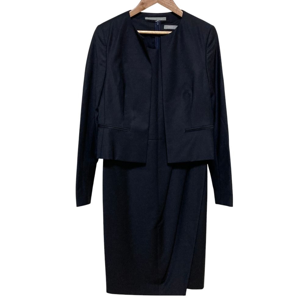 美品 Theory luxe セオリーリュクス 定番 EXECUTIVE ノーカラージャケット ワンピース セットアップ スーツ サイズ38 ネイビー レディース 古着 中古 USED