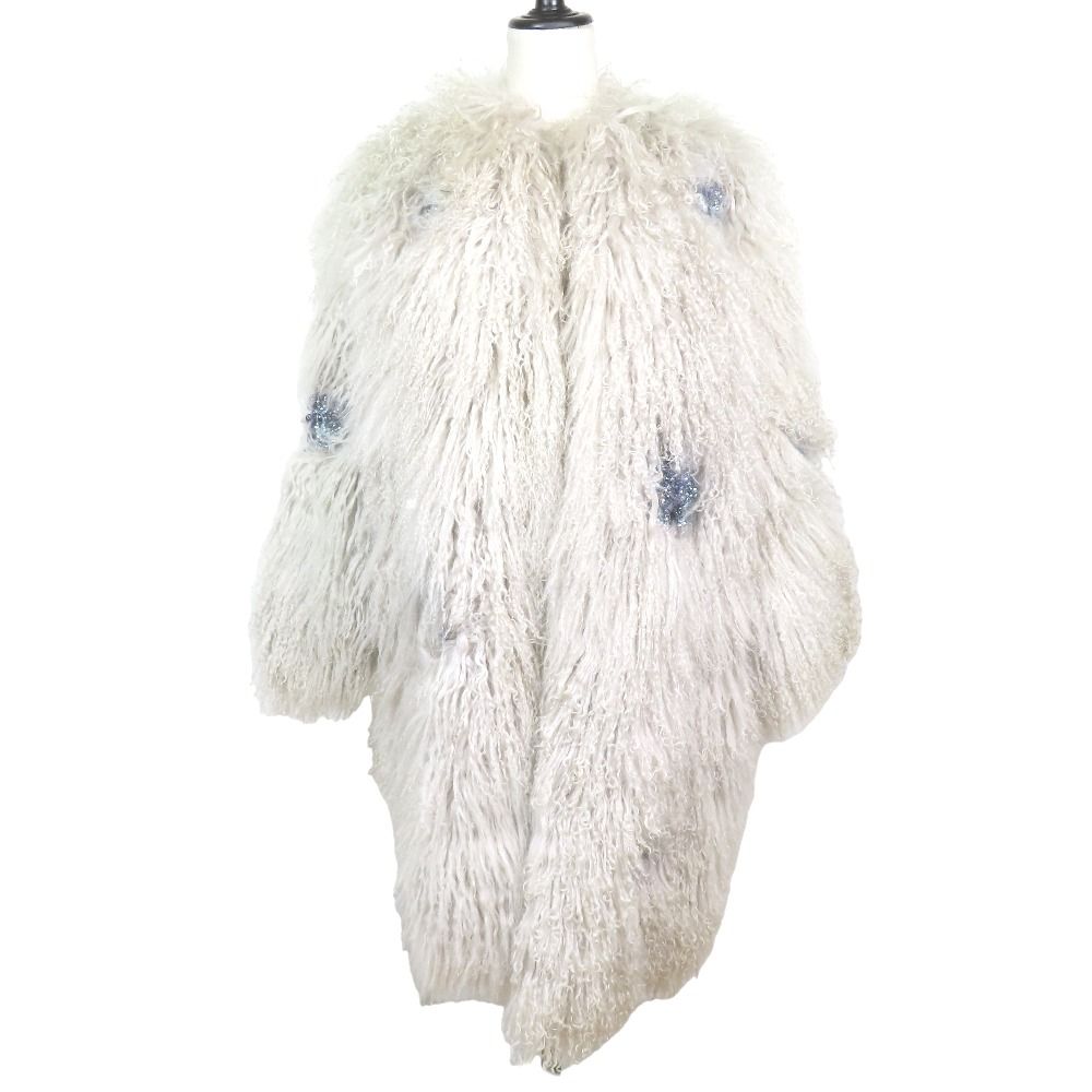 良品 MSGM エムエスジーエム 羊毛 ラムファー ボアコート ジャケット ビーズ装飾 オーバーシルエット 40 ベージュ レディース 古着 中古 USED