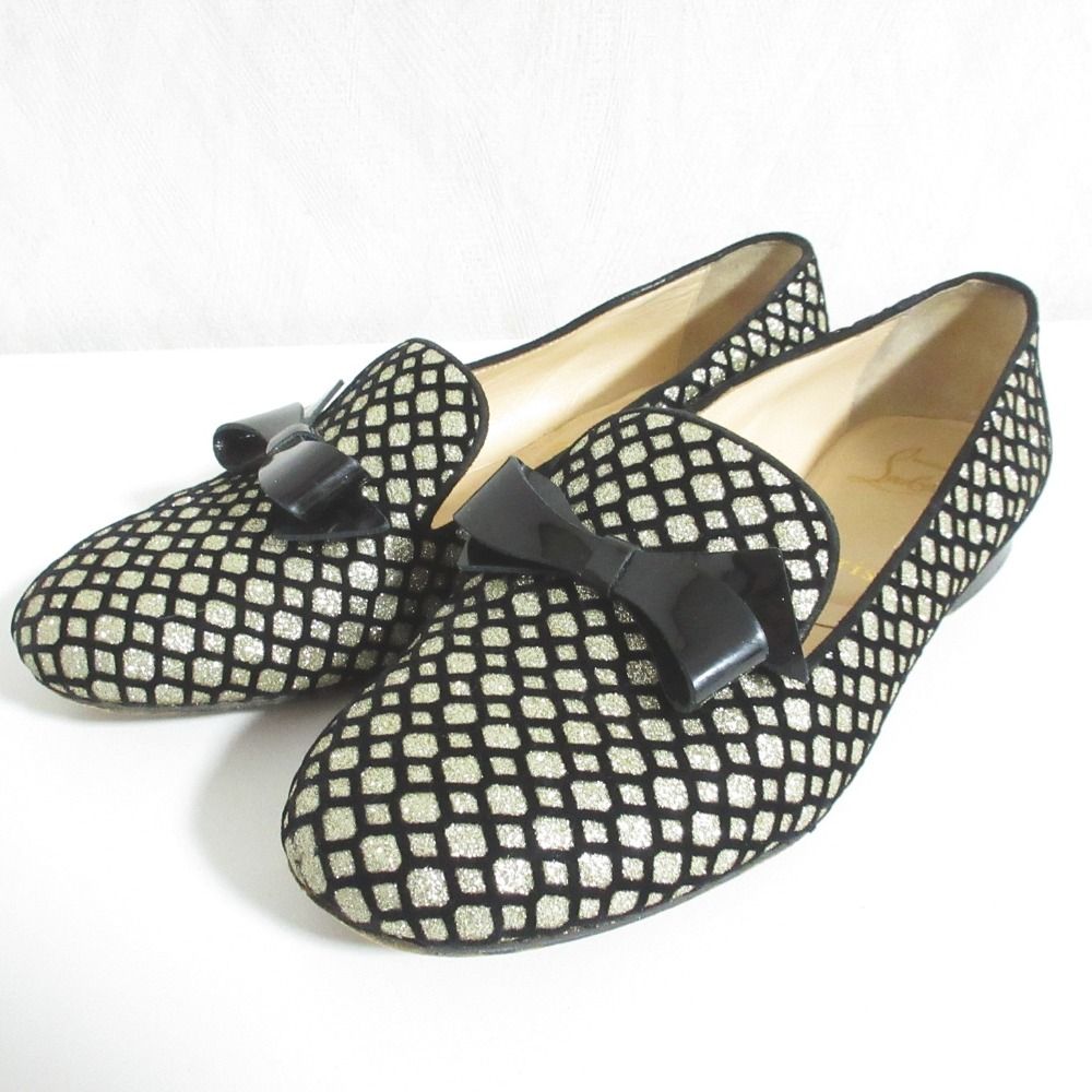 良品 Christian Louboutin クリスチャンルブタン リボン グリッター オペラシューズ パンプス 37 ブラック レディース 古着 中古 USED