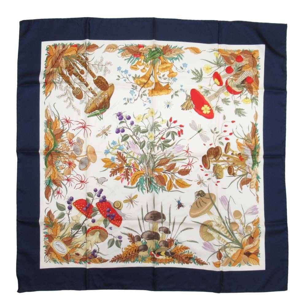 新品同様 GUCCI グッチ 大判スカーフ バグズ キノコ 総柄 シルクツイル ショール ストール vintage ヴィンテージ オールド 紺 ネイビー レディース 古着 中古 USED