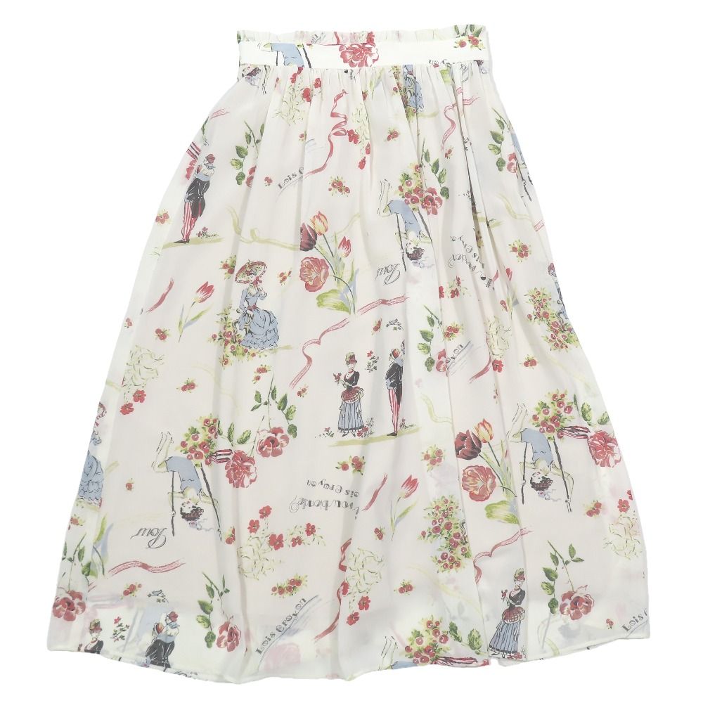 新品同様 Lois CRAYON ロイスクレヨン 25SS フレアスカート ミモレ丈 ロング 総柄 プリント M ライトベージュ レディース 古着 中古 USED