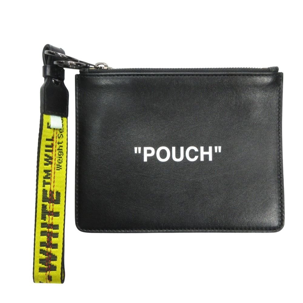 美品 OFF-WHITE オフホワイト × ヴァージルアブロー フラットダブルフラットクラッチ ポーチ クラッチ バッグ レザー ロゴ ブラック メンズ 古着 中古 USED