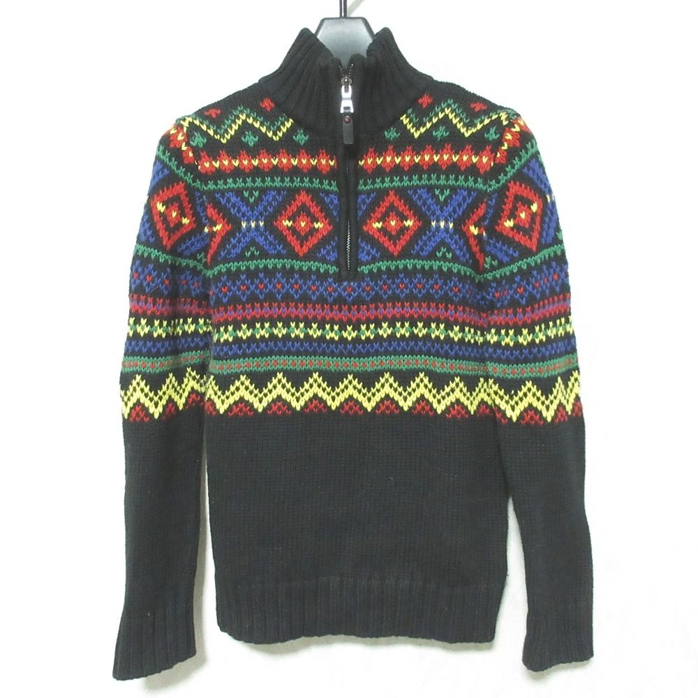 美品 Polo by Ralph Lauren ポロバイラルフローレン ネイティブ柄 ハーフジップ ニットセーター キッズ S 140/68 ブラック キッズ 古着 中古 USED