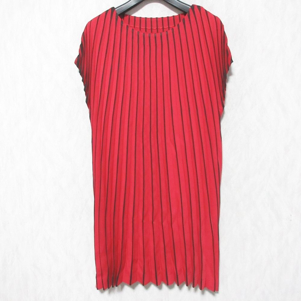 美品 ISSEY MIYAKE イッセイミヤケ プリーツミニドレス ワンピース IM64FT615 2 レッド レディース 古着 中古 USED