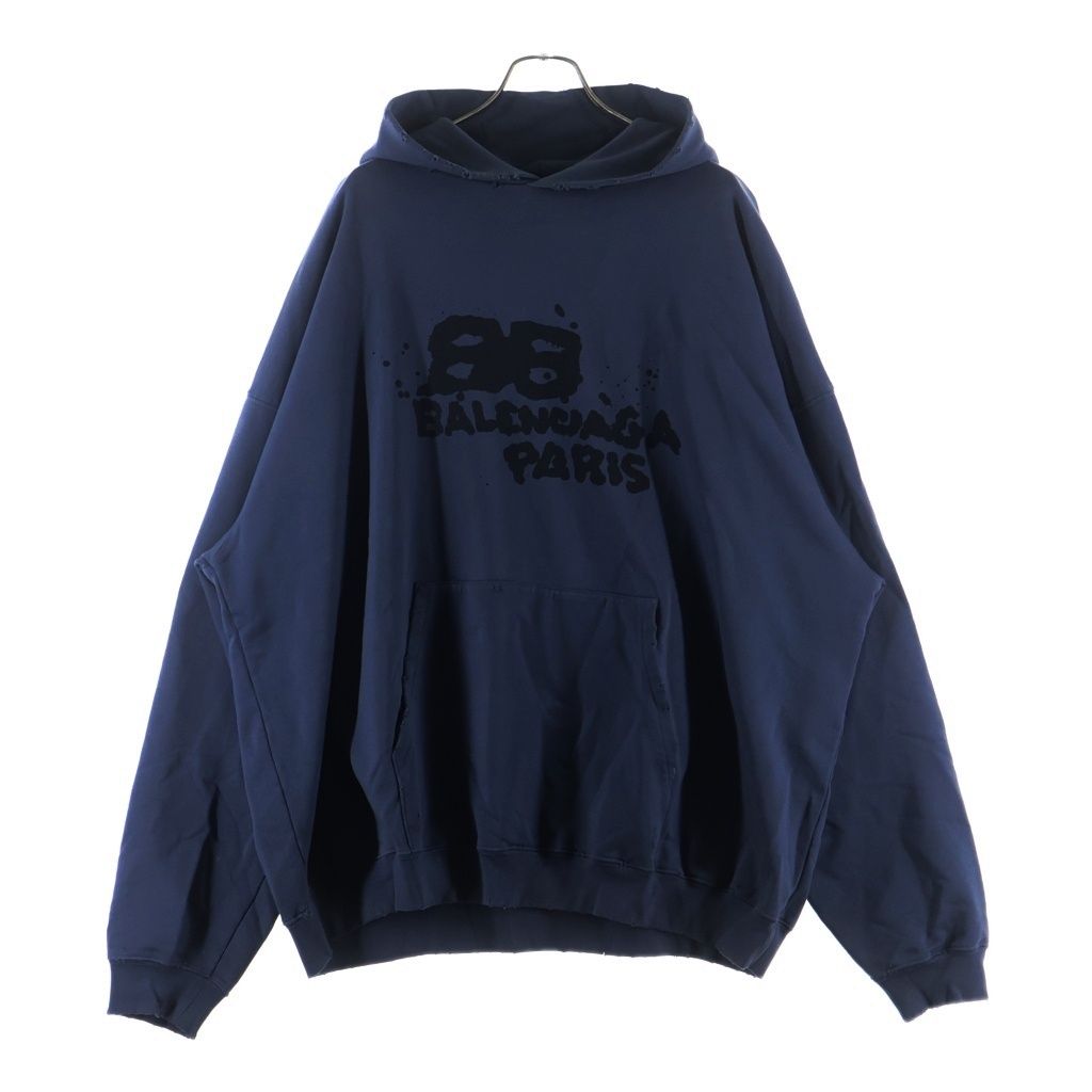 BALENCIAGA バレンシアガ Hand Drawn BB Icon Hoodie ダメージロゴプリントパーカー 620973 TNVQ1 ブルー XS BALENCIAGA (バレンシアガ) 23SS Hand Drawn BB Icon Hoodieダメージ