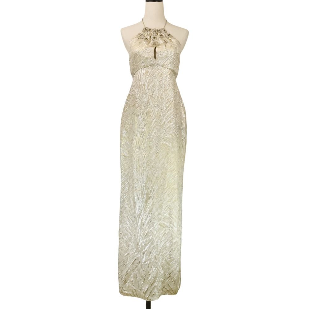良品 Oscar de la Renta オスカーデラレンタ ホルターネック ロングドレス ワンピース ゴールドカラー シルバーカラー レディース 古着 中古 USED