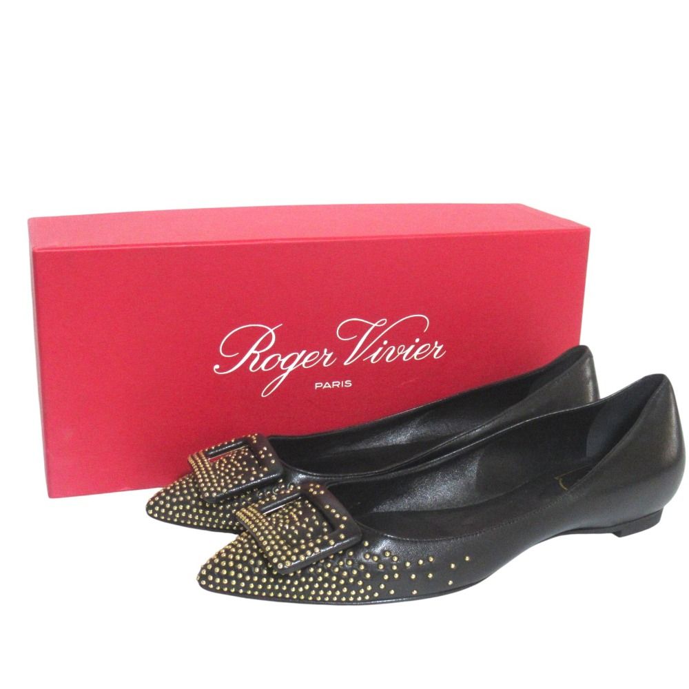 ロジェヴィヴィエ パンプス スクエアバックル 35.5 レザー ブラウン 美品 Roger Vivier ロジェヴィヴィエ スクエアバックル スタッズ