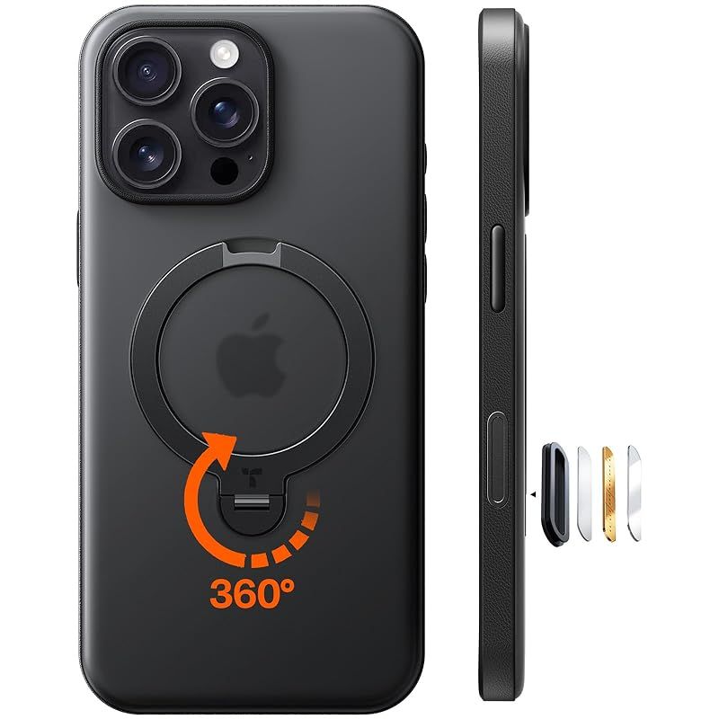 【新品】 【米軍規格・360°回転吸着多機能一体 】TORRAS iPhone 16 Pro 用 ケース カメラ操作カバー付き 縦横両対応 リング付き マグネット搭載 ワイヤレス充電対応 耐衝撃 防指紋 半透明 Ostand Q3 Spin ブラック