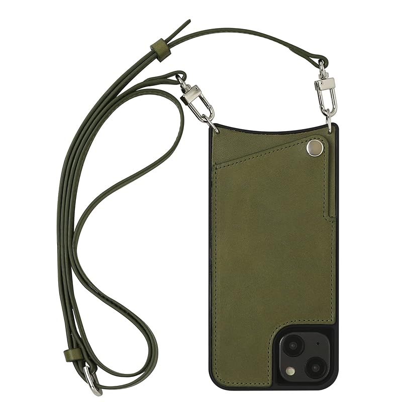 【新品】 栃木レザー 本革 スマホケース iPhone用 17 互換性 対応ケース スマホショルダー ショルダーケース カード収納 ロングストラップ (オリーブ) 0