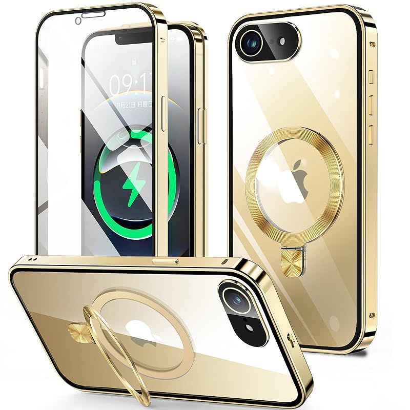 【新品】 HGUTREY【スタンド機能付き・アクションボタン】iPhone17e / 16e 用 ケース クリア【ロック付き】【CDリング・MagSafe対応】9H強化ガラス PC背面 一体型レンズ保護 アイフォン17e / 16e カバー 両面 ストラップホ