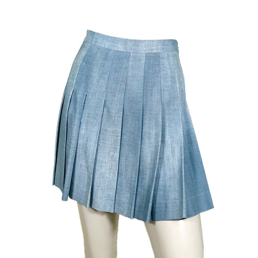 【定価￥190,000の90％OFF】ERMANNO SCERVINO【エルマンノ シェルヴィーノ】デニム地プリントプリーツミニスカート/ブルー【サイズ38】【イタリア製】