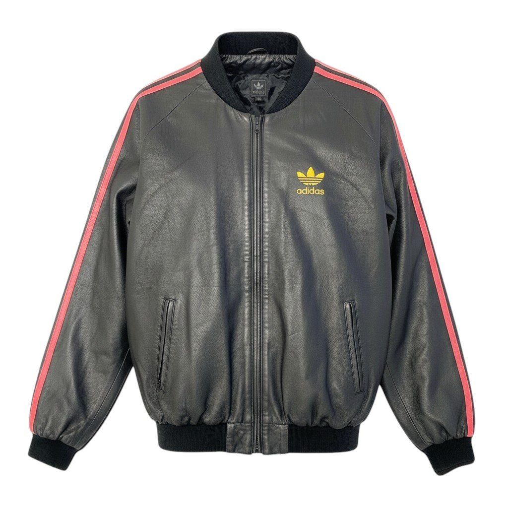 43e11 adidas アディダス 2002年 オリジナル レザージャケット ブルゾン トレフォイルロゴ Mサイズ ブラック ラムレザー メンズ 男性用k02i