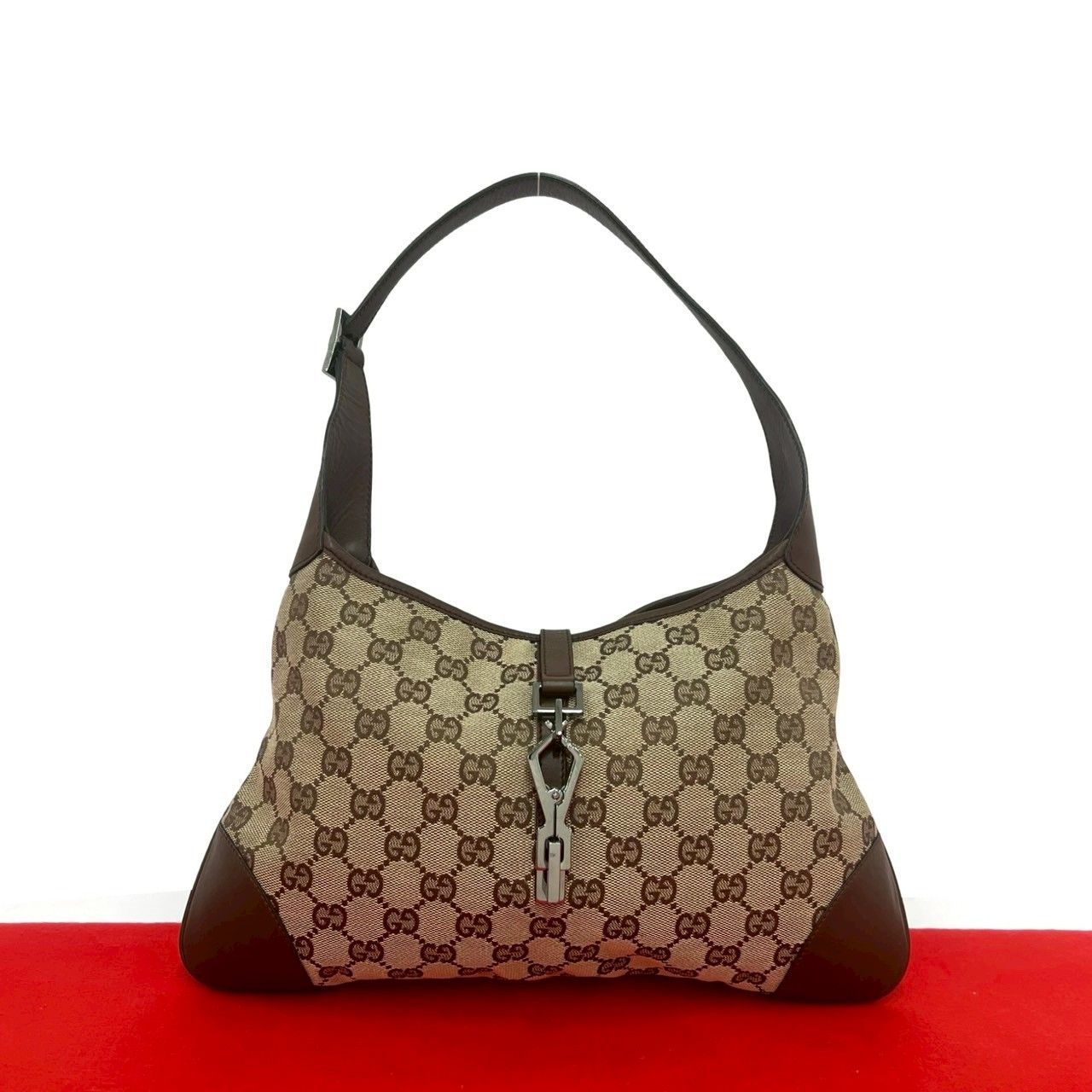極 美品 GUCCI グッチ ジャッキー 金具 GG キャンバス レザー 本革 