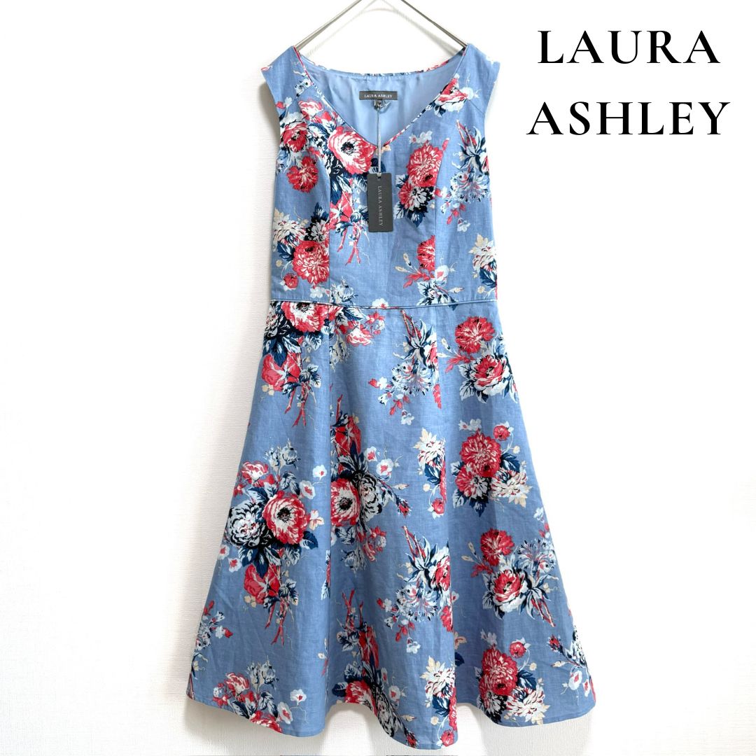 ◆タグ付き◆ LAURA ASHLEY ローラアシュレイ 花柄 フレアワンピース ノースリーブ リネン混 フラワープリント Aライン