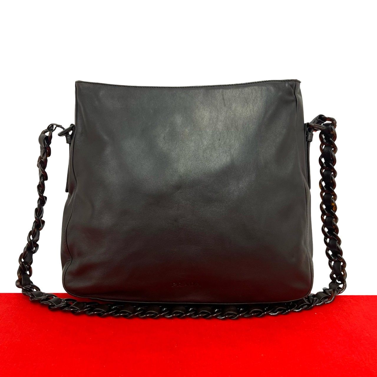 極 美品 PRADA プラダ ロゴ レザー 本革 チェーン ショルダーバッグ 